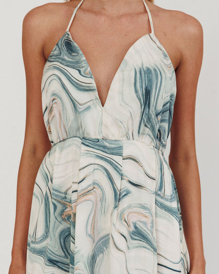 Teal Marble Print Backless Maxi Dress