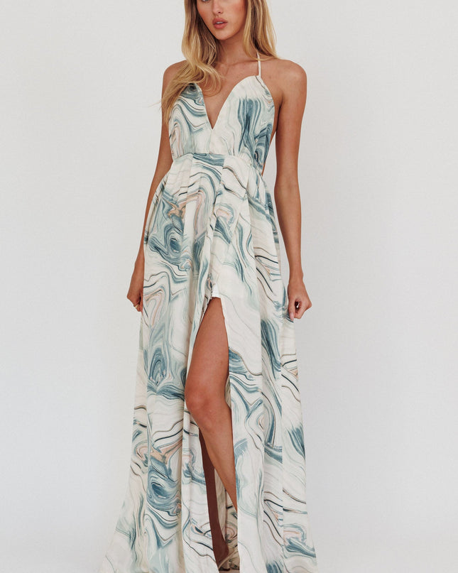 Teal Marble Print Backless Maxi Dress