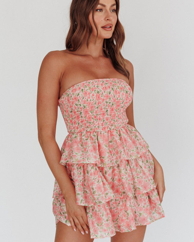 Pink Shirred Bodice Ruffle Mini Dress