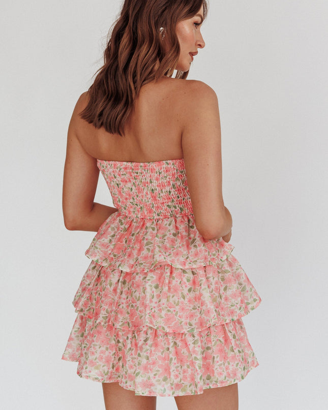 Pink Shirred Bodice Ruffle Mini Dress