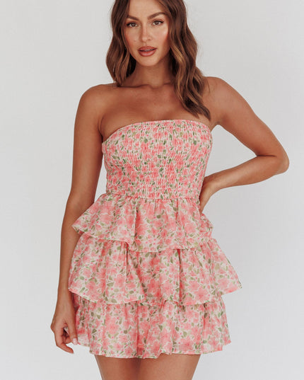 Pink Shirred Bodice Ruffle Mini Dress