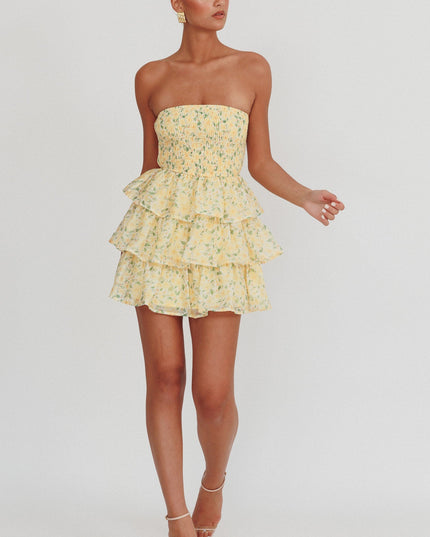 Yellow Shirred Bodice Ruffle Mini Dress
