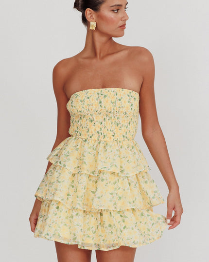 Yellow Shirred Bodice Ruffle Mini Dress