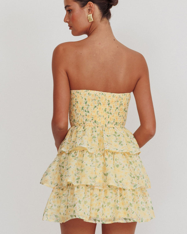 Yellow Shirred Bodice Ruffle Mini Dress