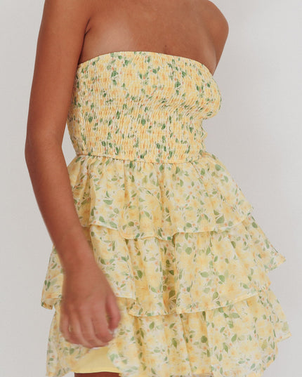 Yellow Shirred Bodice Ruffle Mini Dress