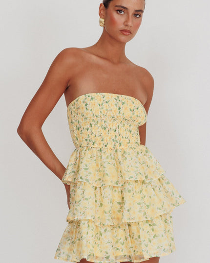 Yellow Shirred Bodice Ruffle Mini Dress