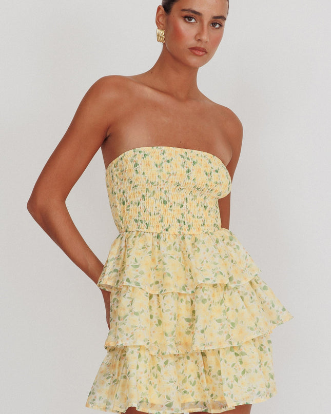 Yellow Shirred Bodice Ruffle Mini Dress