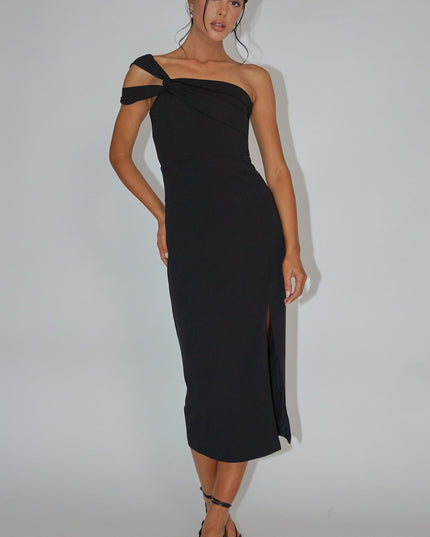 Black One Shoulder Midi Dress