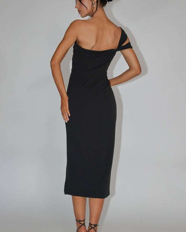 Black One Shoulder Midi Dress