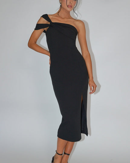 Black One Shoulder Midi Dress