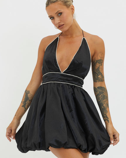 Black Explain Diamante Bubble Hem Dress