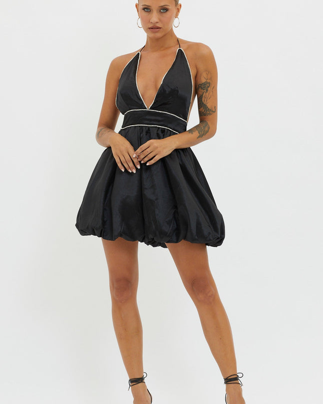Black Explain Diamante Bubble Hem Dress