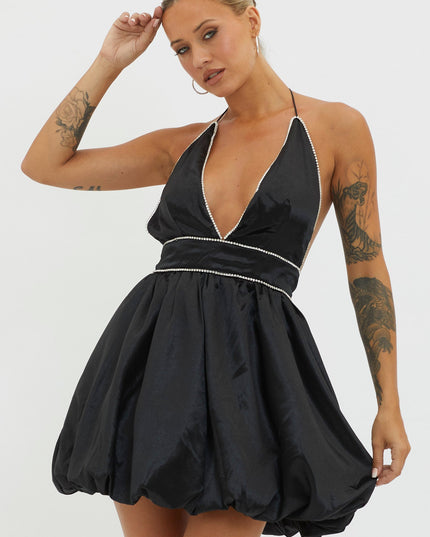 Black Explain Diamante Bubble Hem Dress