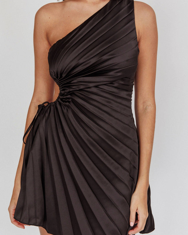 Black One-Shoulder Pleat Dress