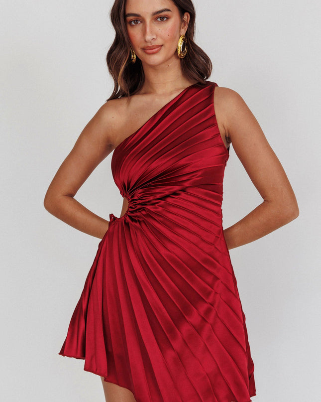 Wine One-Shoulder Pleat Dress