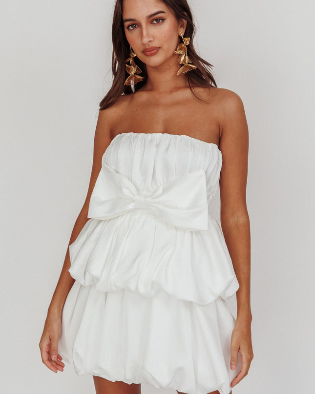 Off White Tiered Bubble Bow Mini Dress