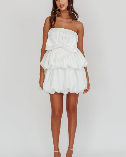 Off White Tiered Bubble Bow Mini Dress