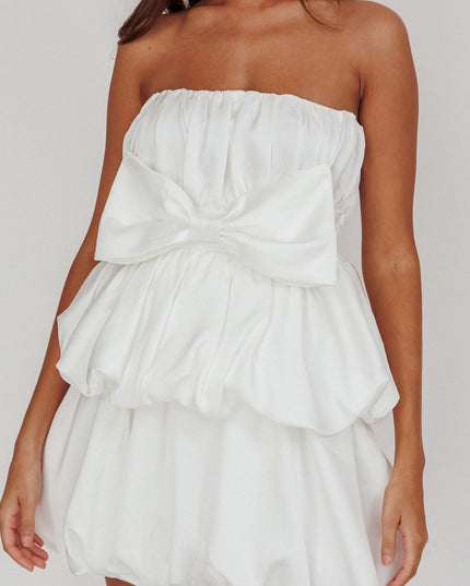 Off White Tiered Bubble Bow Mini Dress
