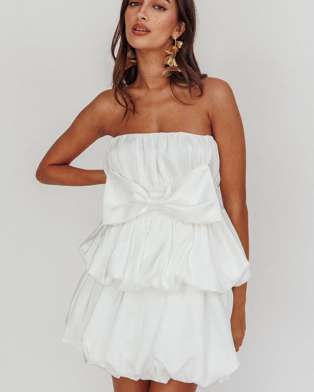 Off White Tiered Bubble Bow Mini Dress