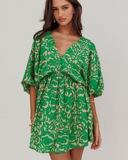 Green Coat Print Puff Sleeves Mini Dress