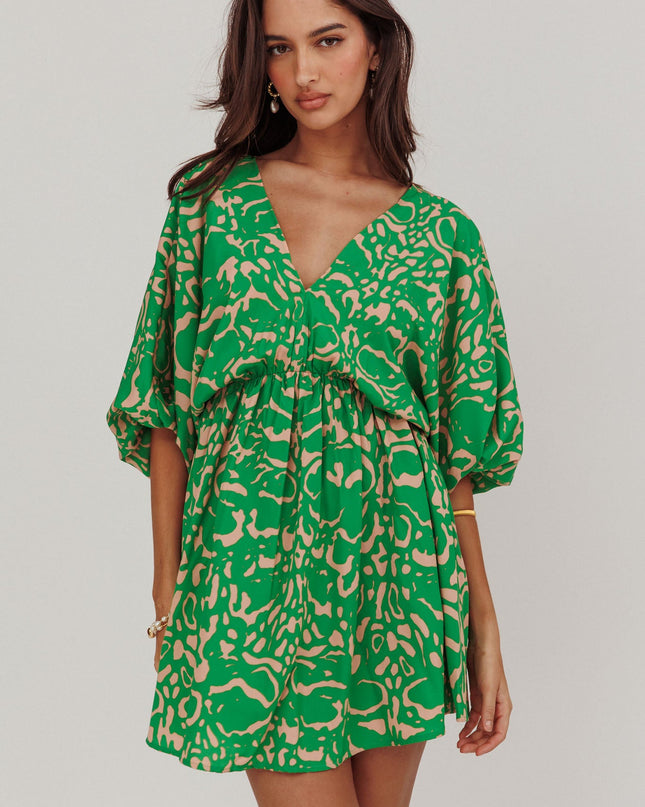 Green Coat Print Puff Sleeves Mini Dress