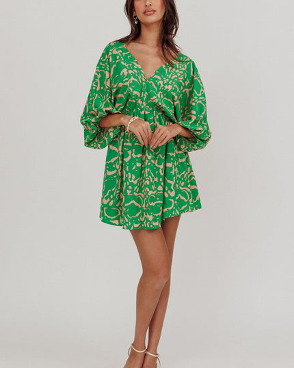 Green Coat Print Puff Sleeves Mini Dress