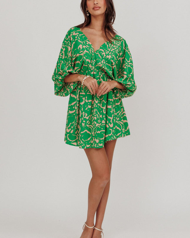 Green Coat Print Puff Sleeves Mini Dress
