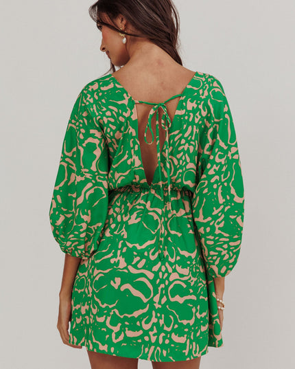Green Coat Print Puff Sleeves Mini Dress