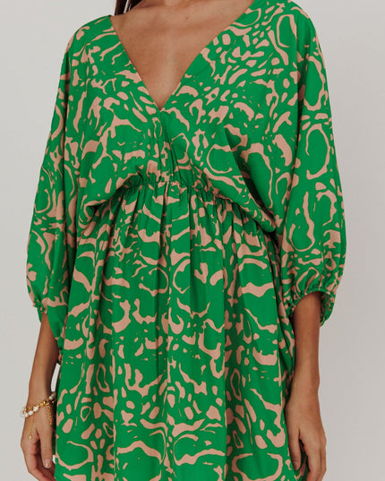 Green Coat Print Puff Sleeves Mini Dress