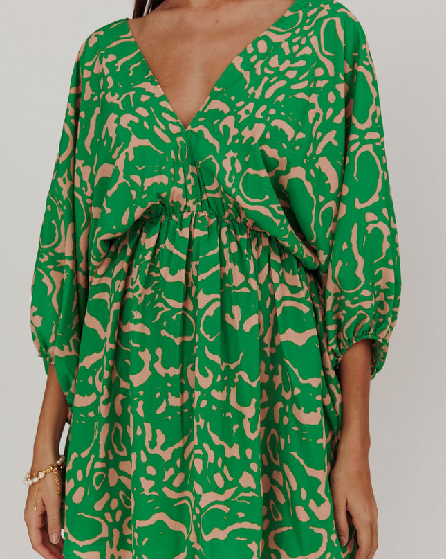 Green Coat Print Puff Sleeves Mini Dress