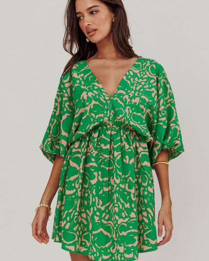Green Coat Print Puff Sleeves Mini Dress