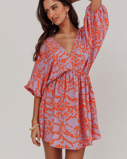 Lavender Coat Print Puff Sleeves Mini Dress