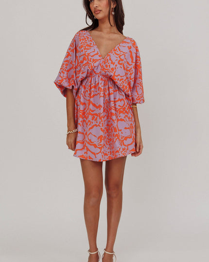 Lavender Coat Print Puff Sleeves Mini Dress
