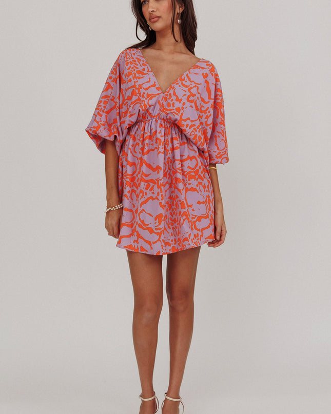 Lavender Coat Print Puff Sleeves Mini Dress
