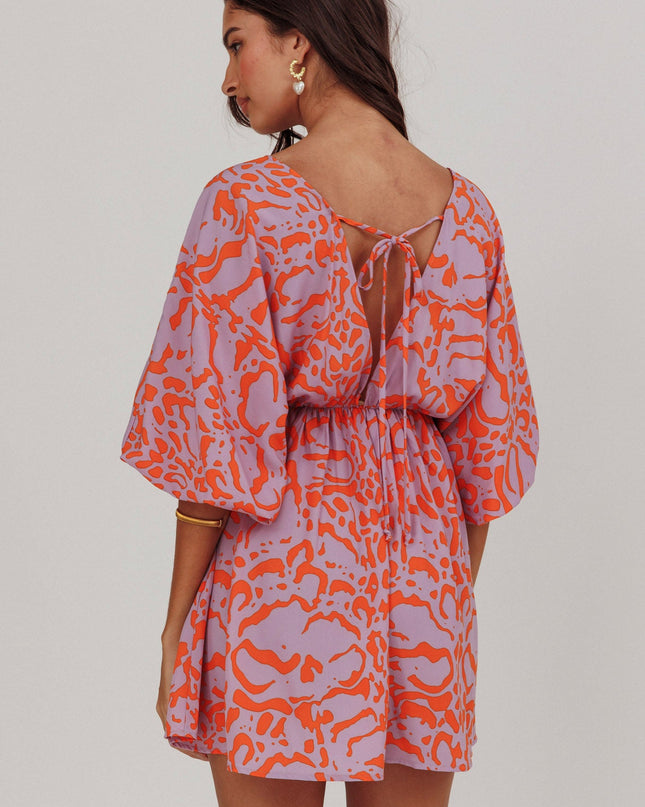 Lavender Coat Print Puff Sleeves Mini Dress