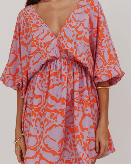 Lavender Coat Print Puff Sleeves Mini Dress