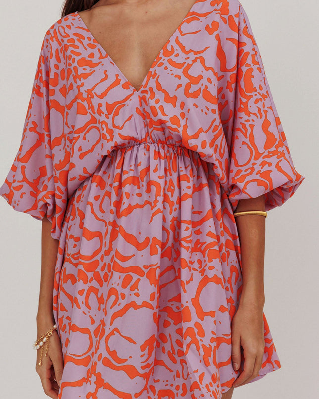 Lavender Coat Print Puff Sleeves Mini Dress