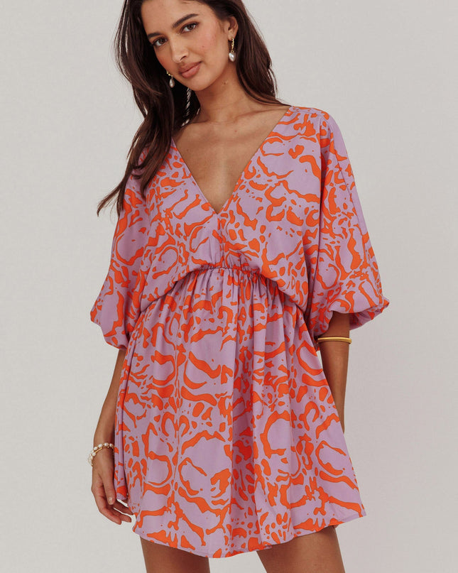 Lavender Coat Print Puff Sleeves Mini Dress