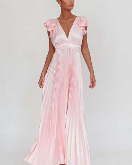 Pink Ruffle Sleeve Pleat Maxi Dress