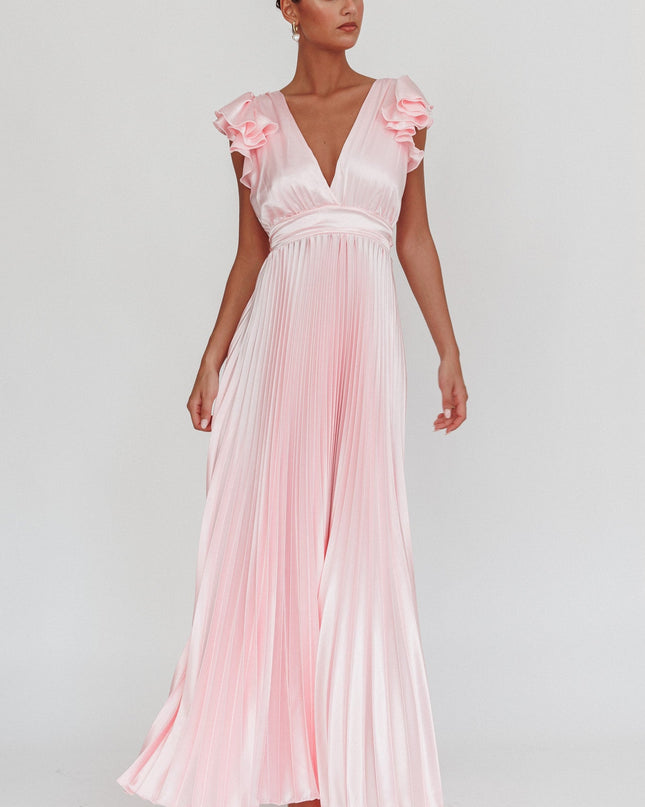 Pink Ruffle Sleeve Pleat Maxi Dress