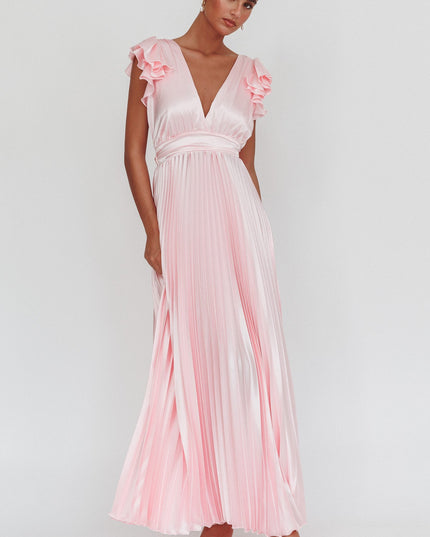 Pink Ruffle Sleeve Pleat Maxi Dress