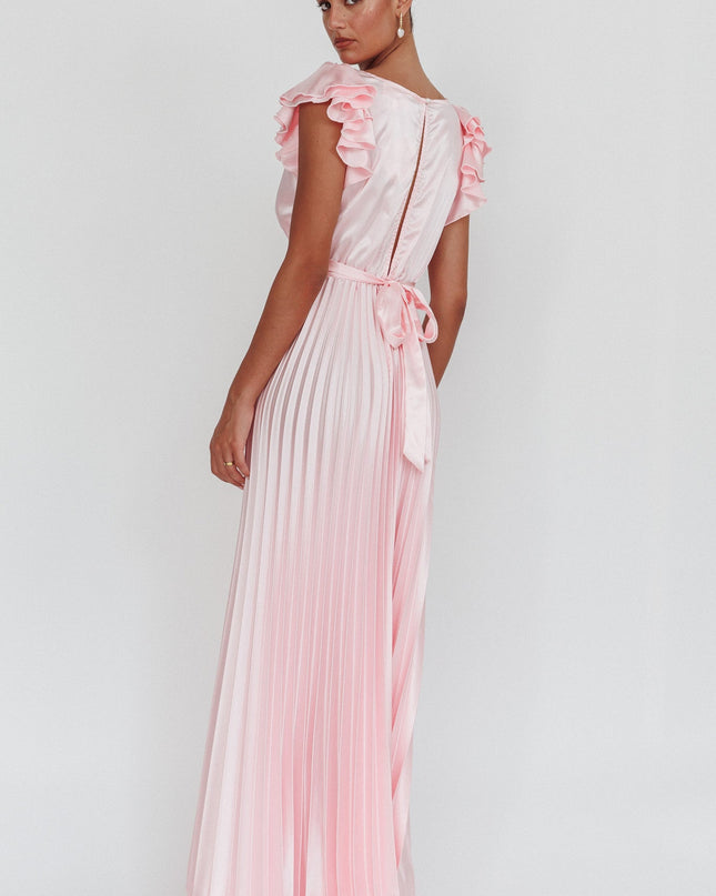 Pink Ruffle Sleeve Pleat Maxi Dress