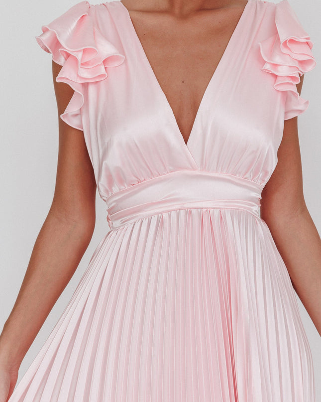 Pink Ruffle Sleeve Pleat Maxi Dress