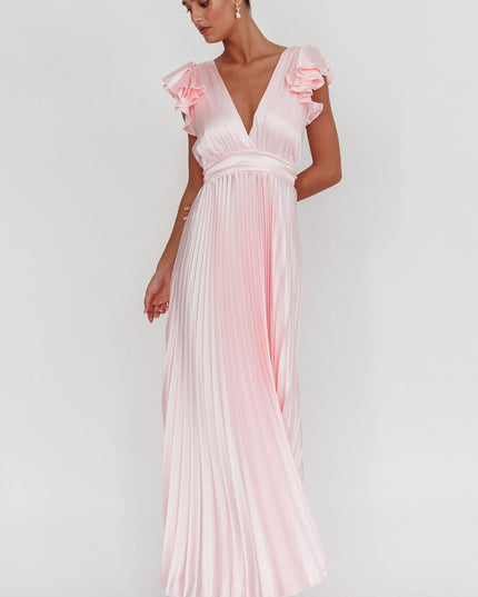 Pink Ruffle Sleeve Pleat Maxi Dress