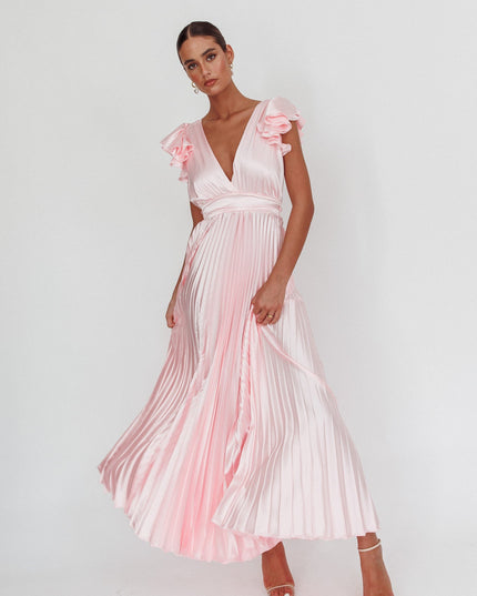 Pink Ruffle Sleeve Pleat Maxi Dress