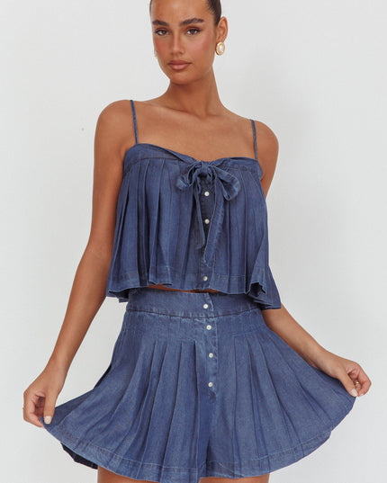Dark Denim Pleated High Waist Shorts