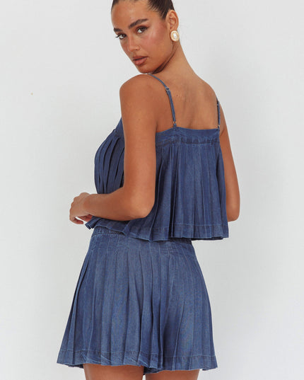 Dark Denim Pleated High Waist Shorts