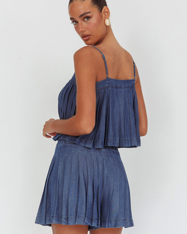 Dark Denim Pleated High Waist Shorts