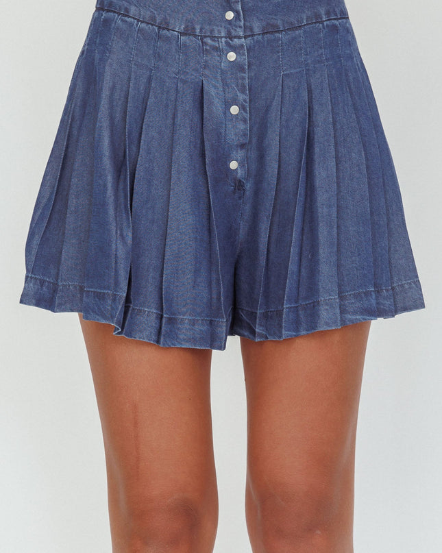 Dark Denim Pleated High Waist Shorts