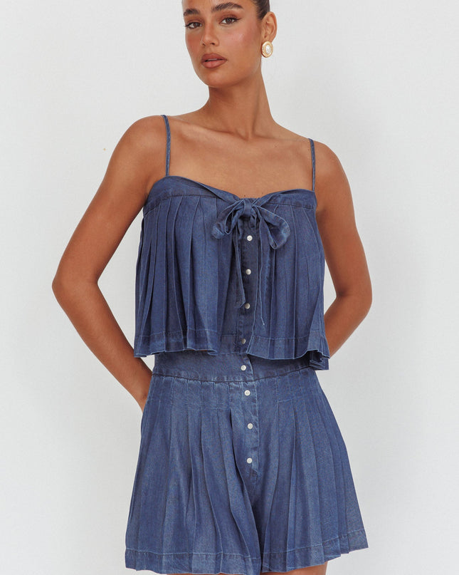 Dark Denim Pleated High Waist Shorts